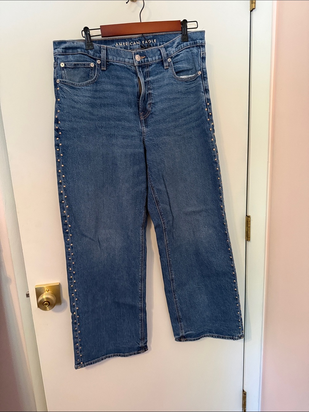 American Eagle Outfitters Blue Stovepipe Jeans with Side Stud Detail
